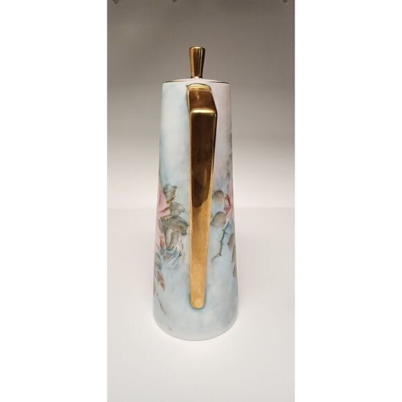 VINTAGE 1970s  HAND PAINTED COFFEE TEA POT, ROSES & GOLD - Picture 3 of 14